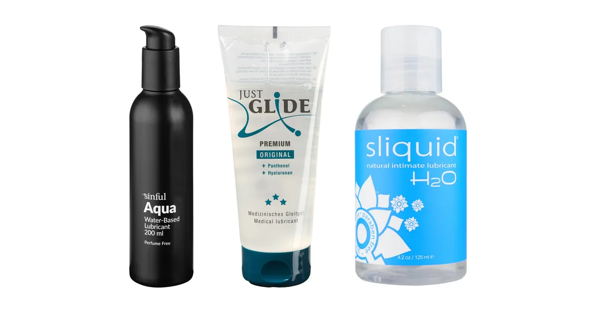 Gleitgel Vergleich: Sinful Aqua Gleitgel auf Wasserbasis 200 ml, Just Glide Premium Original Gleitgel (Hyaluron/Panthenol) 200 ml und Sliquid H2O Water-based Gleitgel 125 ml als Produktfotos